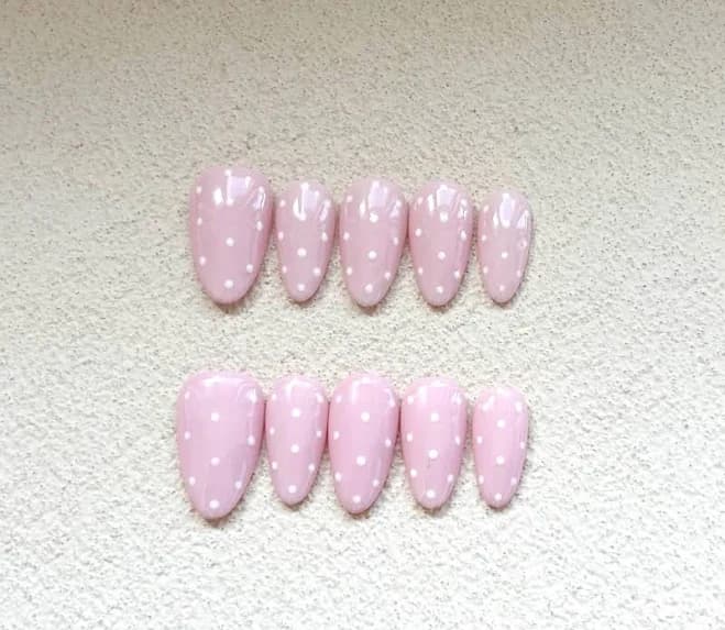 Pink Polka Dot Press On Nails: Almond, Handmade, Reusable