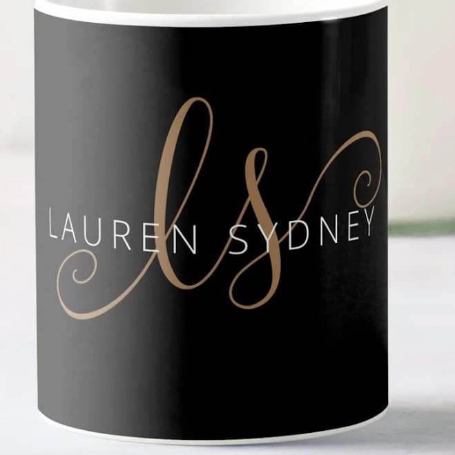 Modern Black Gold Feminine Script Monogrammed Coffee Mug