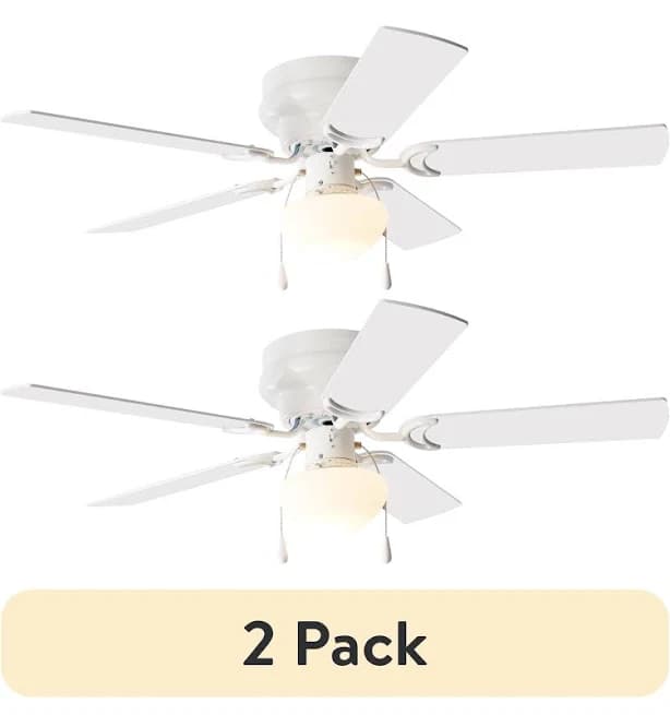 (2 pack) Mainstays 52 inch Hugger Indoor Ceiling Fan with Light Kit, White, 5 Blades, Reverse Airflow