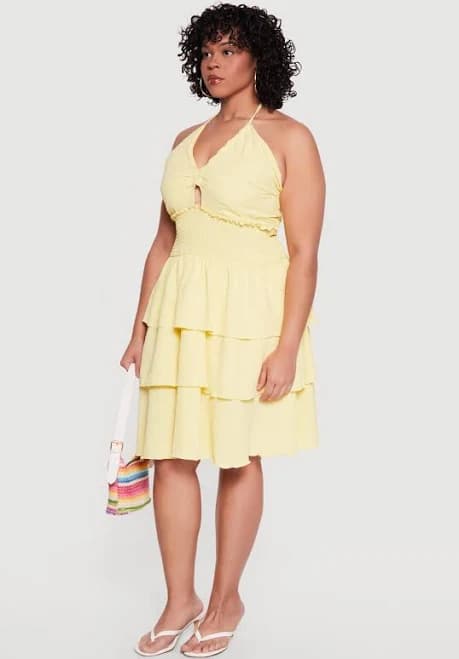 Womens Plus Size Tiered Ruffle Smocked Halter Mini Dress, Yellow, Size 3X - Rainbow Shops
