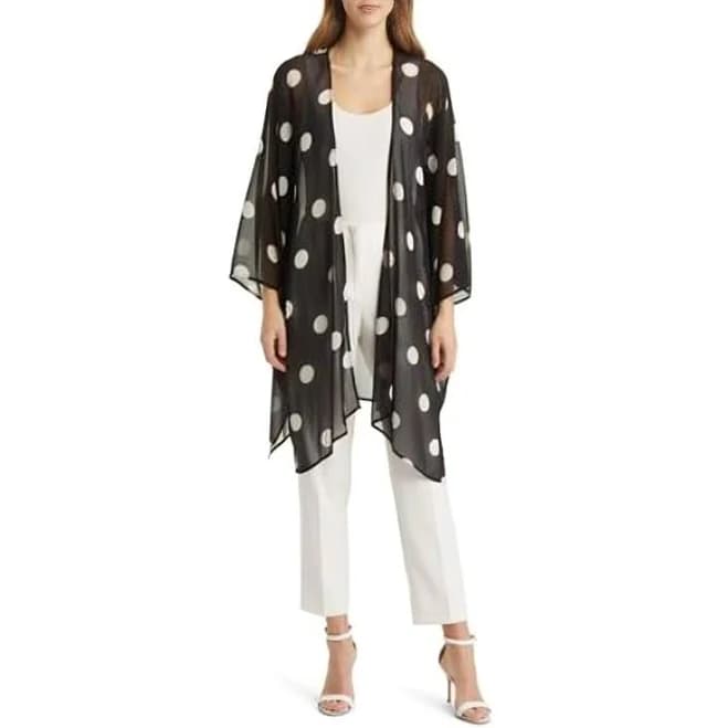 Anne Klein Womens Black Sheer Vented Sides Polka Dot 3/4 Sleeve Open Front Kimono Cardigan