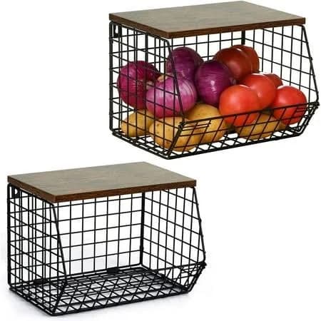 Wetheny 2pcs Fruit Basket Onion Storage Wire Basket Wood Top Wall Mounted Stackable Kitchen Counter Organizer