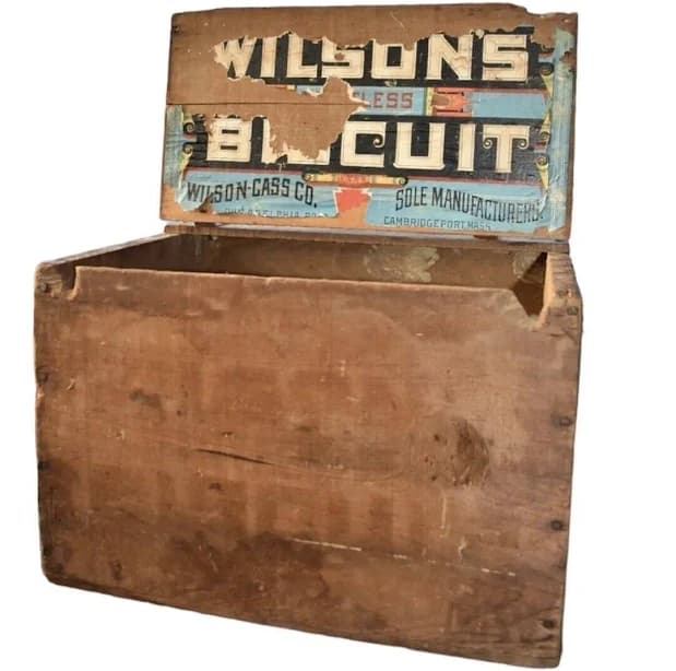 Primitive Wood Crate Biscuit Box, Vintage Advertising Wilson Biscuit Co.