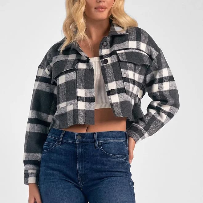 elan Black And White Plaid Cropped Jacket