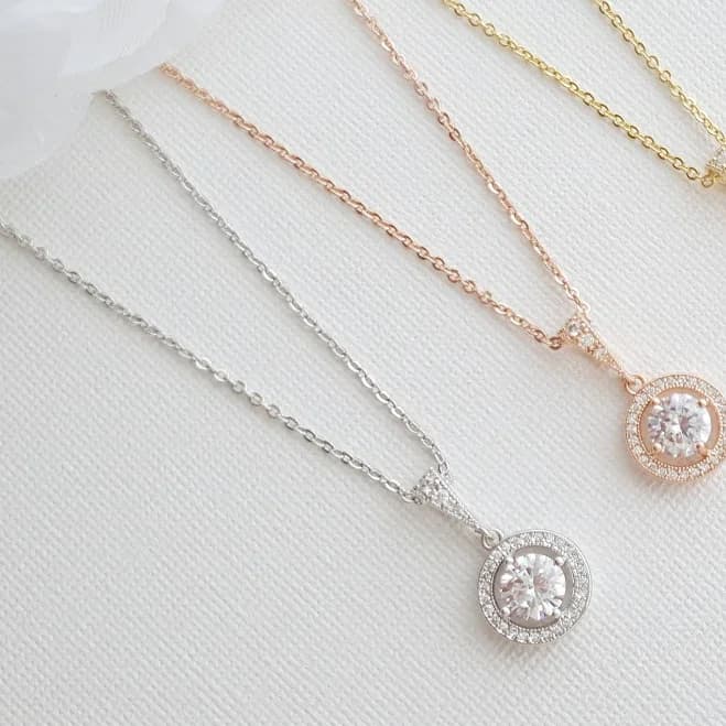 Circle Pendant Necklace in Solid Cubic Zirconia for Brides,Bridesmaids Gold