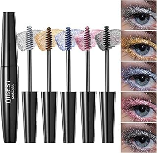 5PCS Colored Mascara for Eyelashes, Glitter Diamond Sparkle Color Mascara Set, Pink Black Blue Silver Gold Voluminous Curling Colourful mascara, Charming Longlasting for Eye Makeup