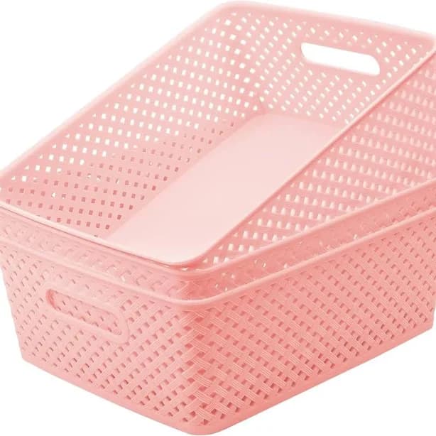 MaxGear 3-Pack Smooth Woven-Style Pink Plastic Storage Baskets with Handles, Lightweight Home Organizers for Kitchen, Closet Organization, Fruit &