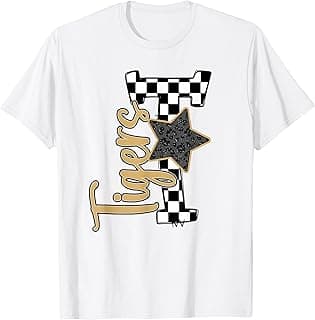 Tigers Gold Checkered Star Letter School Spirit Game Day T-Shirt