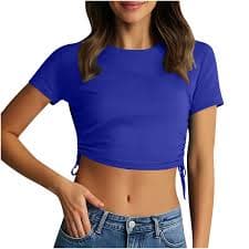 hotojiny Crop Tops for Women Soft Round Neck Short Sleeve Drawstring Side Slim Shirt Solid Stretchy Going out Streetwear Summer Trendy - Walmart.com