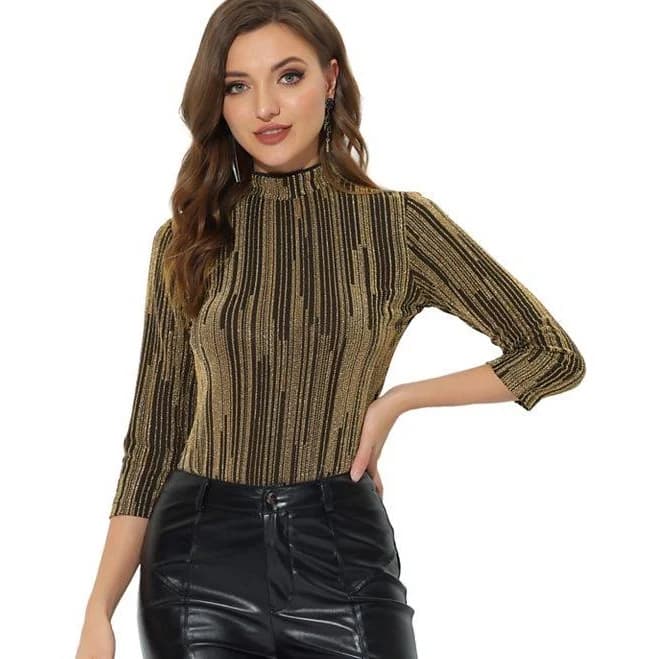 Women's Party Glitter 3/4 Sleeve Shiny Striped Metallic Tops