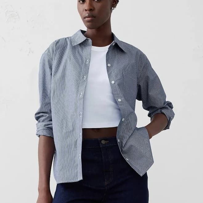 Women's Classic Poplin Shirt Blue Stripe Regular Size XXS