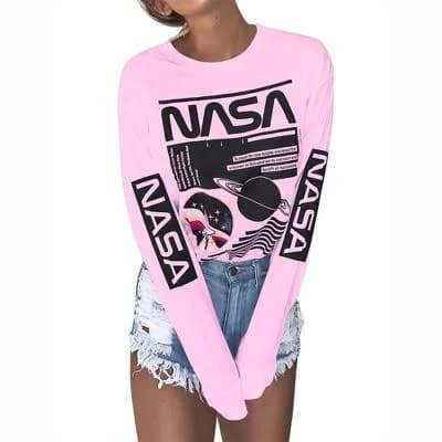 Women's Retro Space Graphic Crew Neck Long Sleeve Tee