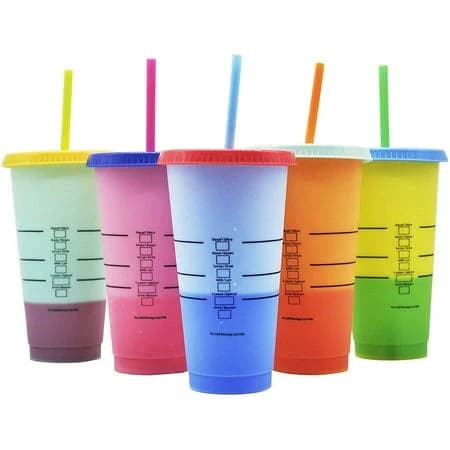 5 Pcs Reusable Color Changing Cold Drink Cups with Lids and Straws