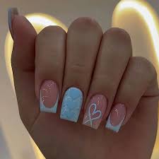 24pcs Pressing Style Nail Short Square Blue Heart-Shaped Design Fake Nail Pressing Blue French Nail Tip Acrylic Full Coverage Fa - AliExpress 66