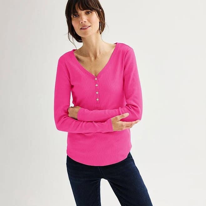 Women's Sonoma Goods For Life Rib Long Sleeve Henley, Size: XXL, Amphora Pink