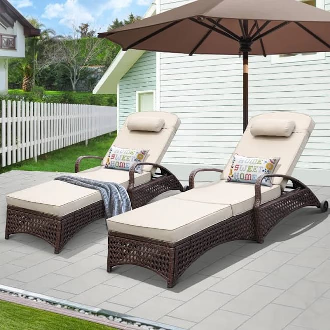 NOBLEMOOD Set of 2 Stationary Chaise Lounge Chair with Beige Cushioned Seat