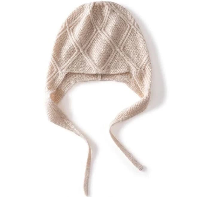Pure Cashmere Diamond Knit Beanie with Ties