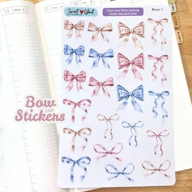 Bows Deco Sticker Sheet - Watercolor Bow Stickers - White Matte or Clear Matte Stickers - Minimal Journal or Planner Deco Stickers