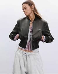 Stradivarius Leather effect bomber jacket with shoulder pads in black – On Sale Now with Up to 31% Off | Discover Exclusive Deals & Savings at BeyondStyle – Authentic Stradivarius Home|women with