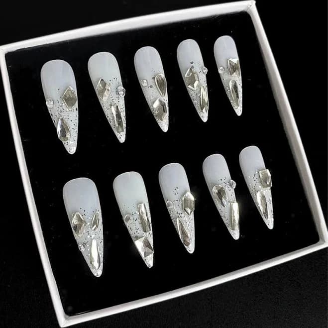Rhinestone Press On Nails: White Gem Bridal Nail Set