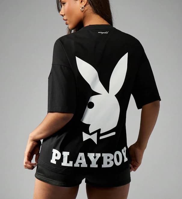 MISSGUIDED Black Oversized T-Shirt Women's Clothing Shirts Tees Iconic Bunny Logo Letter Pattern Drop Shoulder Round Neck Knitted Fabric Cas