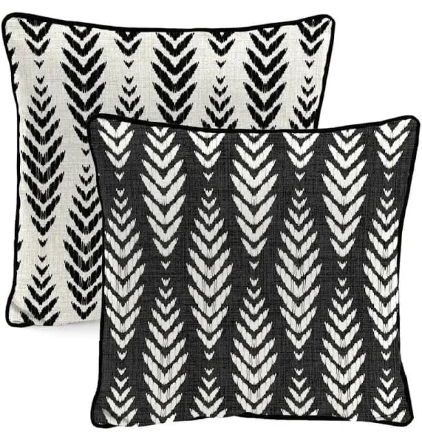 Jordan Manufacturing 16 inch x 16 inch Black and White Geometric Leaves Reversible Square Outdoor Throw Pillow with Welt