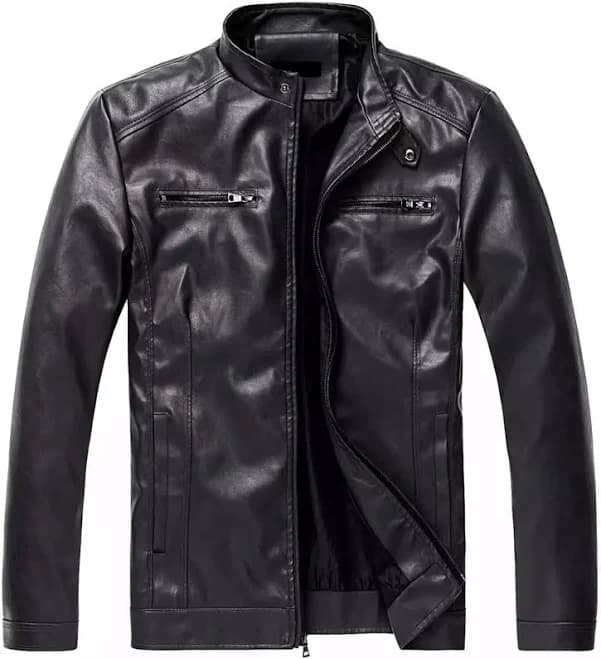 Men's Slim Fit Black Leather Jacket – Stand Collar & Ykk Zipper
