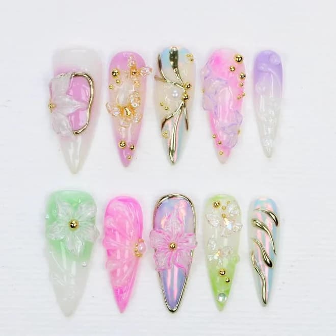 3D Floral Stiletto Press On Nails: Y2K Handmade Nail Art