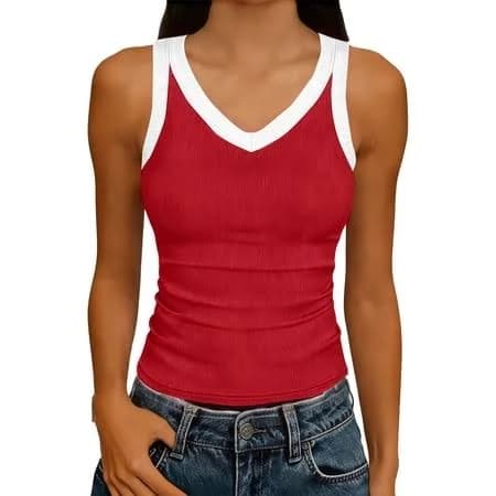 Yodetey Womens Sleeveless Ribbed Fitted Tank Tops, Womens Ribbed Contrast Trim V-Neck Tank Top,Red,Size M, Women's, Size: (US)Medium