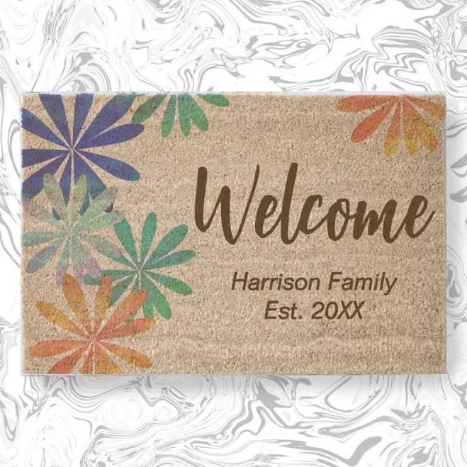 Floral Family Name Established Welcome coir Fiber Doormat