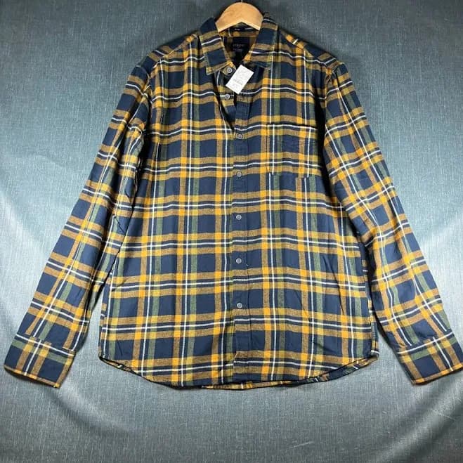 J.crew Mens Shirt Size L Yellow Blue Plaid Regular Flannel Long Sleeve