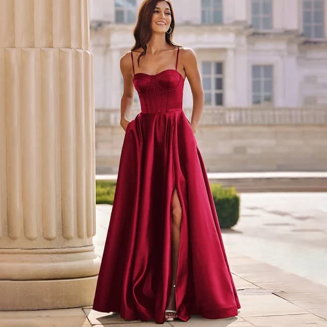 Stacees A-Line Spaghetti Strap Slit Satin Prom Dress