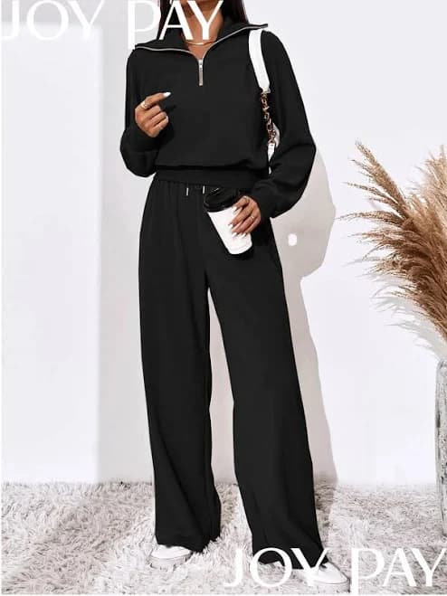 Women's Relaxed Fit Long Sleeve Zip-Up Collar Tracksuit and Wide Leg Pants