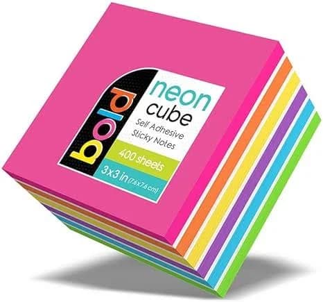 Bold Neon Sticky Notes Cube, 3 x 3 Inches, Assorted Colors, 400 Sheets (34003)