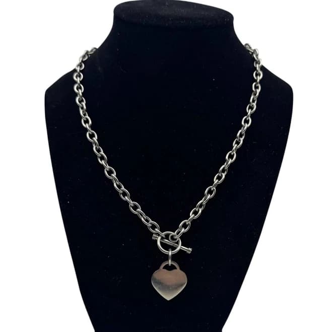 Silver Tone Chunky Chain Necklace Heart Charm Toggle Closure Classic