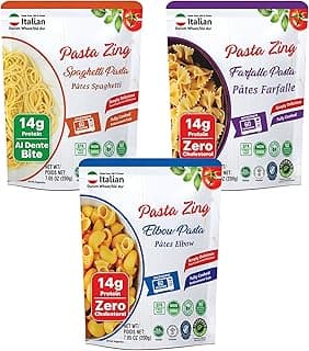 Variety Pack, Fully Cooked Italian Pasta, Ready in 1 Minute, 14g Protein, Al Dente Bite, 3x Spaghetti 2x Farfalle 2x Elbow, BPA-Free Pouch, 7 Pack 7.05 oz