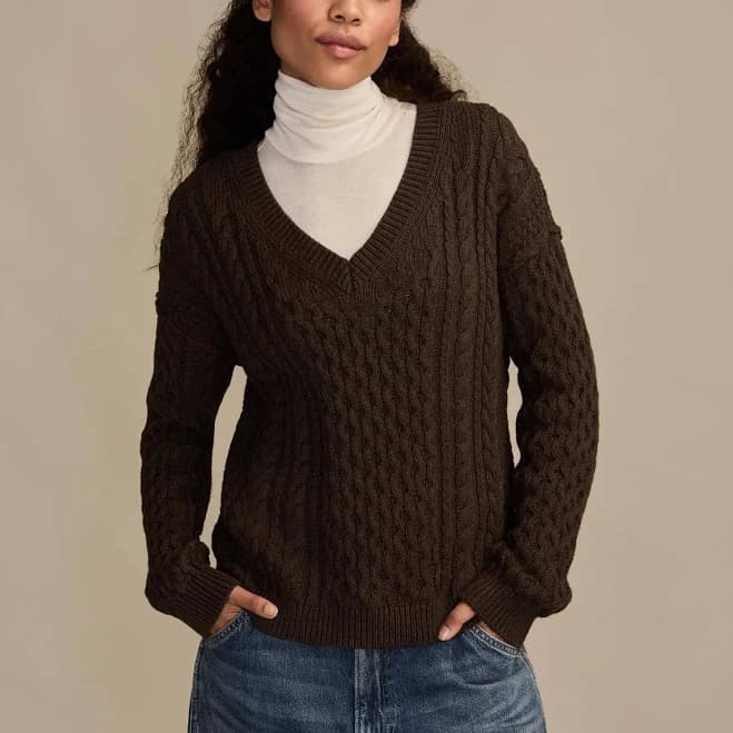 Lucky Brand Women's Cable V Neck Sweater