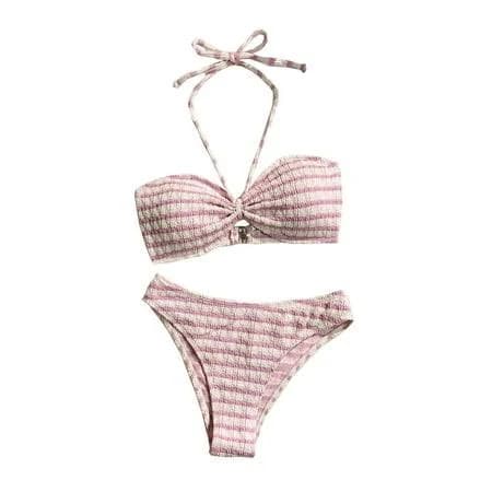 Odbmxy Halter Womens Two Piece Bikini Womens Bathing Suit Striped High Cut Bralette Vacation Swimwear
