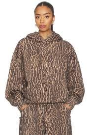 Chaser Linen French Terry Cropped Long Sleeve Pullover Hoodie in White Cheetah | REVOLVE