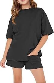 Amazon.com: Girls Short 𝗽ajamas Sets Solid Loose Fit Tees Shirts+Wide Leg Shorts 2 Piece Sl𝐞epwear Teen Summer (Black, 5-6 Years): Clothing, Shoes & Jewelry