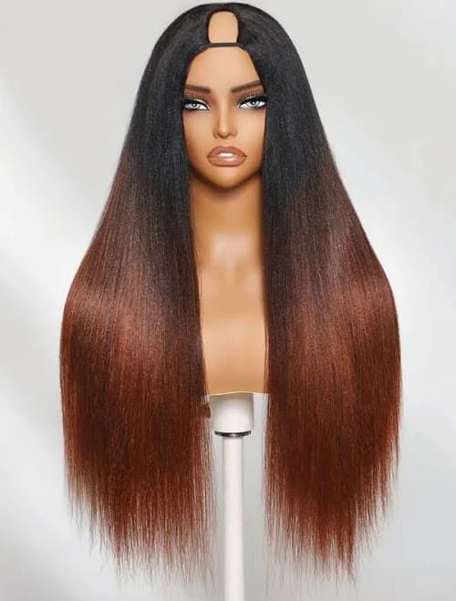 Nadula Lifesaver EasiContour V Part Yaki Straight Reddish Brown Ombre Color Lightweight Glueless Human Hair V Part Wigs