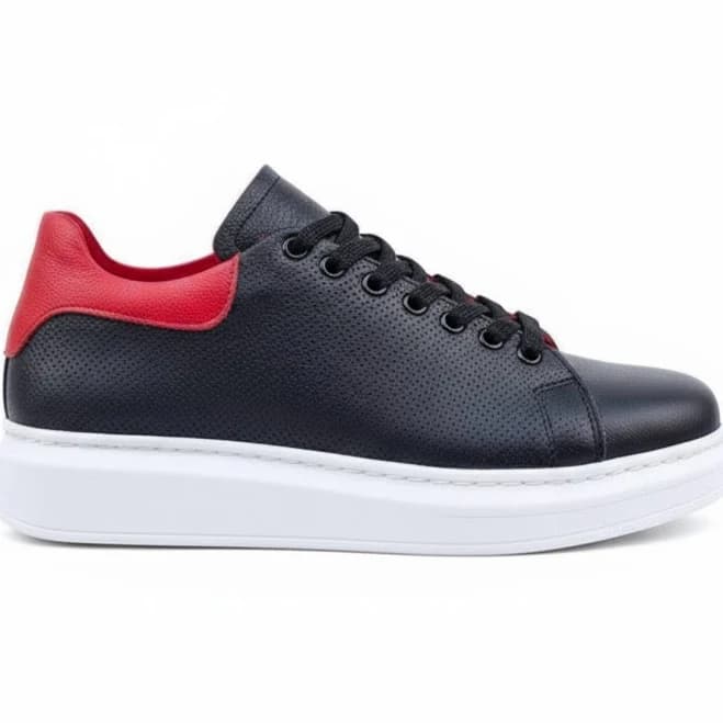 Men’s Black Sneakers with Red Heel – Casual Low-Top Shoes with Perforated Upper and Cushioned Comfort Sole | Solis Noir
