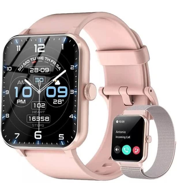 IOWODO 2025 22 mm Aluminum Smart Watch for Men/Women with Bluetooth, Android Wear | iOS Compatible | 1 GB Storage | Waterproof | Pink Silicone Band