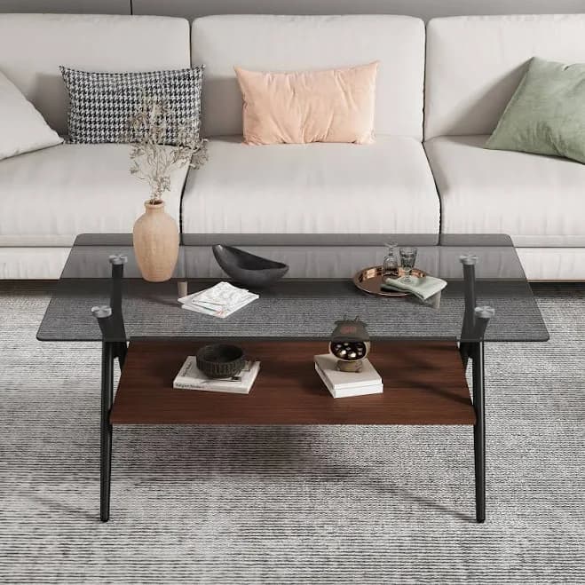 Rectangle Coffee Table with Tempered Glass top and MDF Shelf