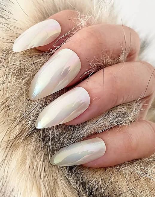 Handmade White Chrome Holographic Almond Press On Nails - Set of 24