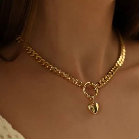 Gold Plated Chunky Chain Necklace with Heart Pendant