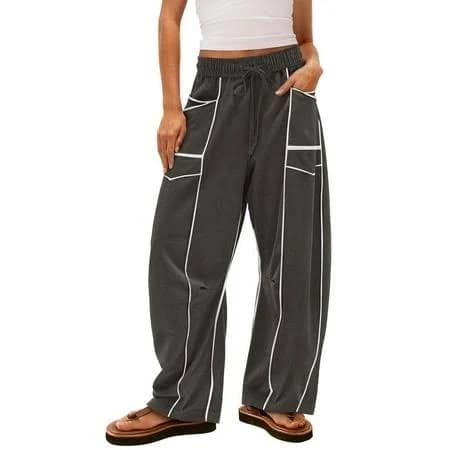 Dndif Women's Color Block Sweatpants, Elastic Waist Lounge Pants with Multiple Pockets, Baggy Wide Leg Casual Pull-On Pants for Home Wear and Travel