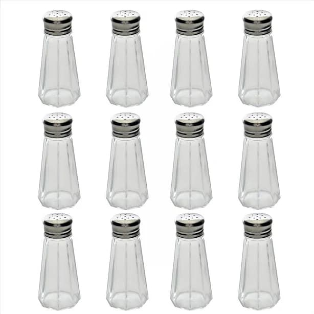 Classic Clear Glass Salt or Pepper Shakers with Stainless Steel Mushroom Tops (Set of 12-)