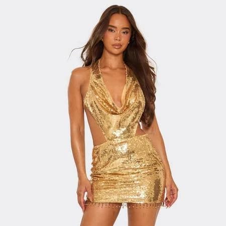 Ego Women's Cowl Neck Tassel Trim Sequin Mini Dress