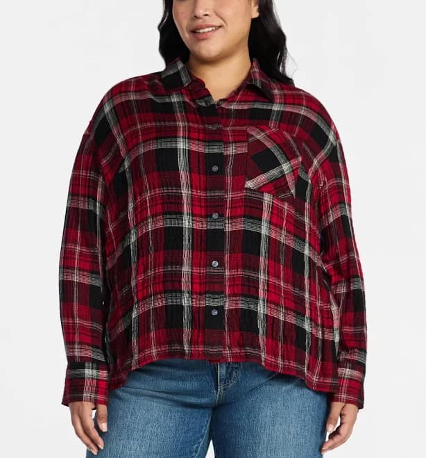 Terra & Sky Women's Plus Size Plaid Button Front Shirt